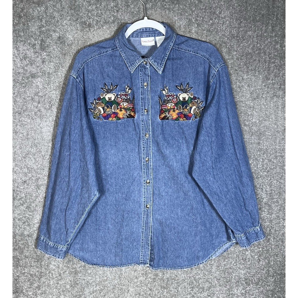 Bobbie Brooks Denim Button Up Top Womens Sz XL Blue Autumn Bear Fall Embroidery